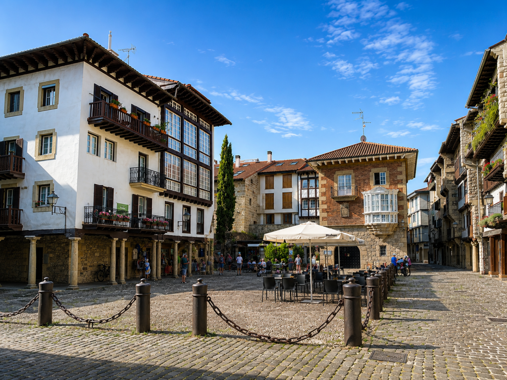Plaza de Hondarribia con edificios antiguos y terraza al aire libre